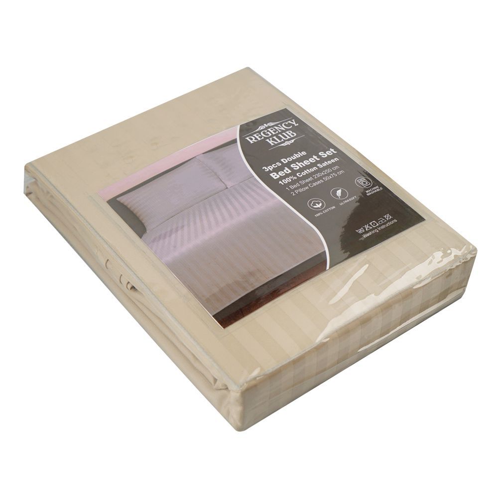 Regency Klub Double Bedsheet Set, Stone, Cotton, 220TC Stripe Satin, 3-Pieces, 230 X 250cm - Main Image
