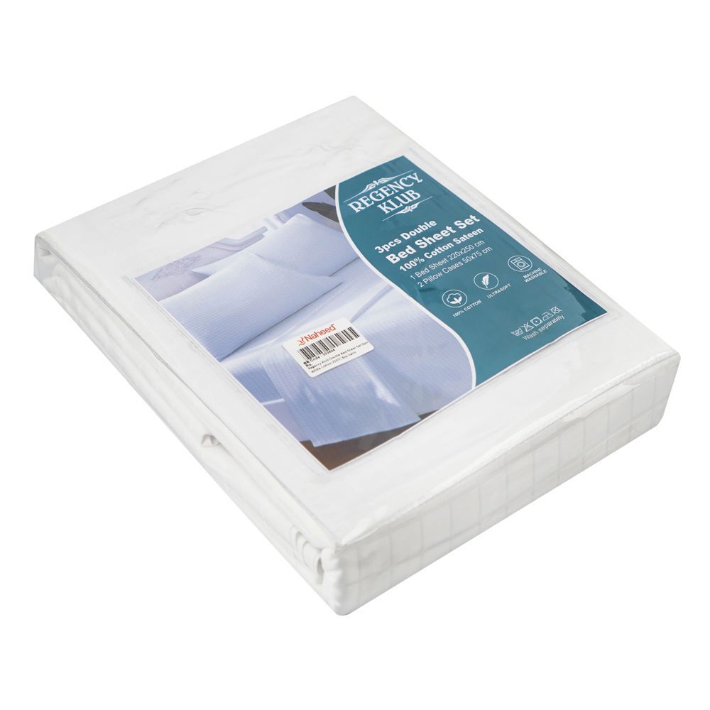 Regency Klub Double Bedsheet Set, White, Cotton, 250TC Box Satin, 3-Pieces, 220 X 250cm - Main Image