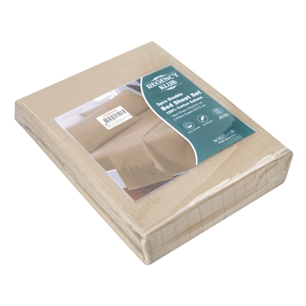 Regency Klub Double Bedsheet Set, Beige, Cotton, 250TC Box Satin, 3-Pieces, 220 X 250cm - Main Image