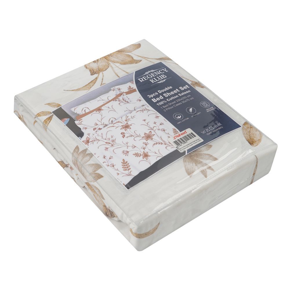 Regency Klub Double Bedsheet Set, Cotton, White Base With Copper Flowers, TC-144, 3-Pieces, 230 X 250cm - Main Image