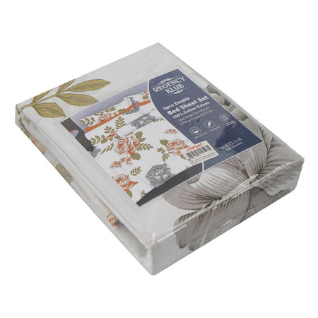 Regency Klub Double Bedsheet Set, Cotton, White Base With Grey Flowers, TC-144, 3-Pieces, 230 X 250cm - Main Image