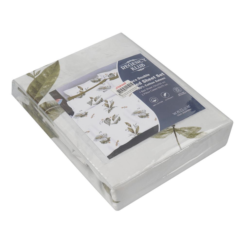 Regency Klub Double Bedsheet Set, Cotton, White Base With Green Leafs, TC-144, 3-Pieces, 230 X 250cm - Main Image