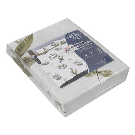 Regency Klub Double Bedsheet Set, Cotton, White Base With Green Leafs, TC-144, 3-Pieces, 230 X 250cm - Main Image