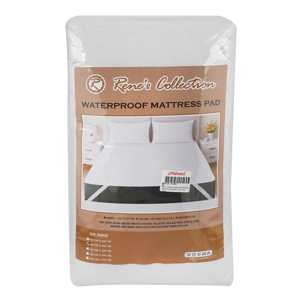 Rene's Collection Waterproof Mattress Pad, White, Poly Cotton, 132TC, 120 X 200cm - Main Image