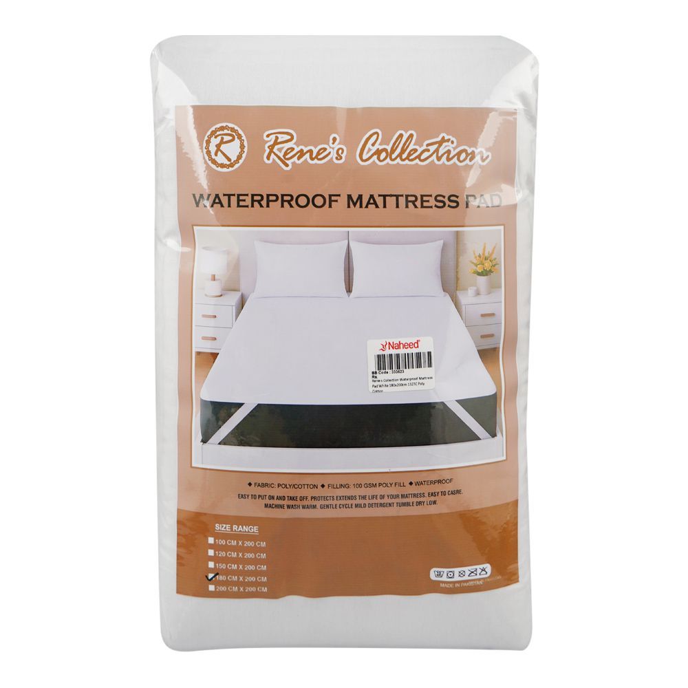 Rene's Collection Waterproof Mattress Pad, White, Poly Cotton, 132TC, 180 X 200cm - Main Image