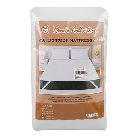 Rene's Collection Waterproof Mattress Pad, White, Poly Cotton, 132TC, 180 X 200cm - Main Image