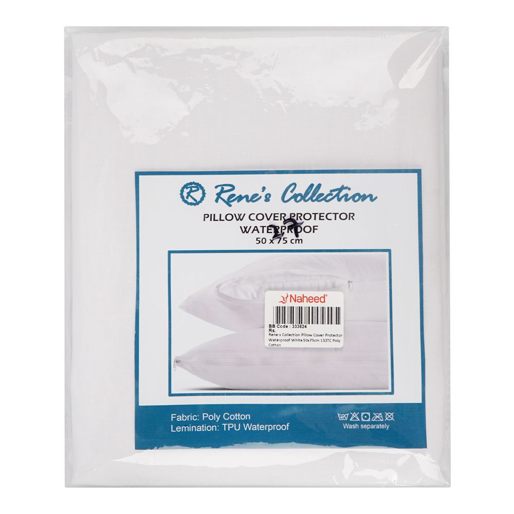 Rene's Collection Pillow Cover Protector Waterproof, White, Poly Cotton, 132TC, 50 X 75cm - Main Image