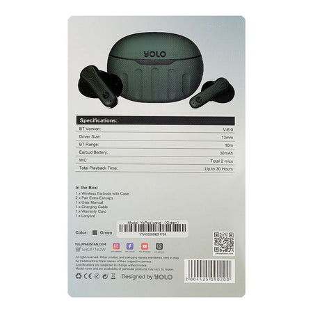 YOLO Yopod Wave True Wireless Earbuds, 300mAh Case Battery, IPX4 Water Resistant, Green - Image 3