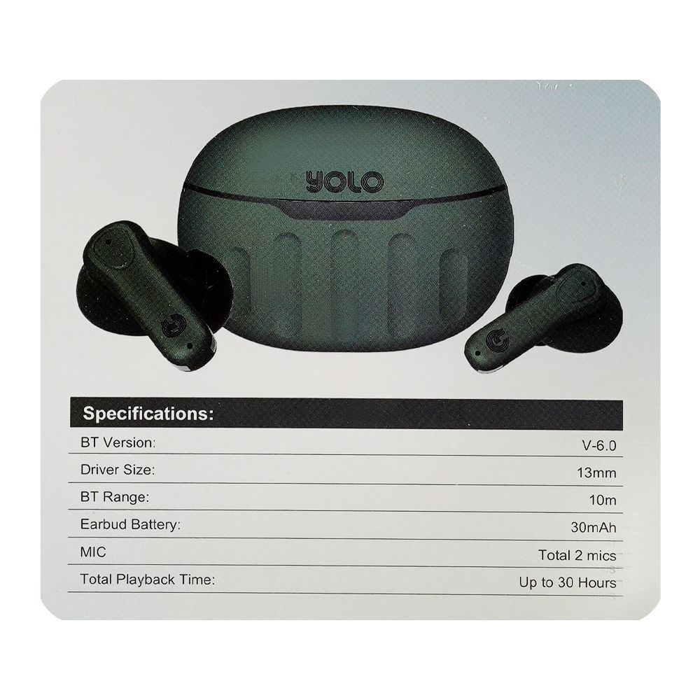 YOLO Yopod Wave True Wireless Earbuds, 300mAh Case Battery, IPX4 Water Resistant, Green - Image 4