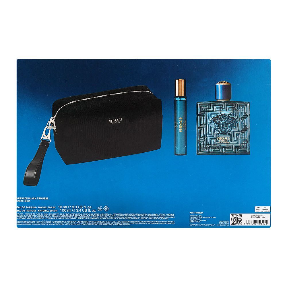Versace Eros Pour Homme Set, For Men, Eau De Parfum 100ml + Eau De Parfum 10ml + Pouch - Image 3