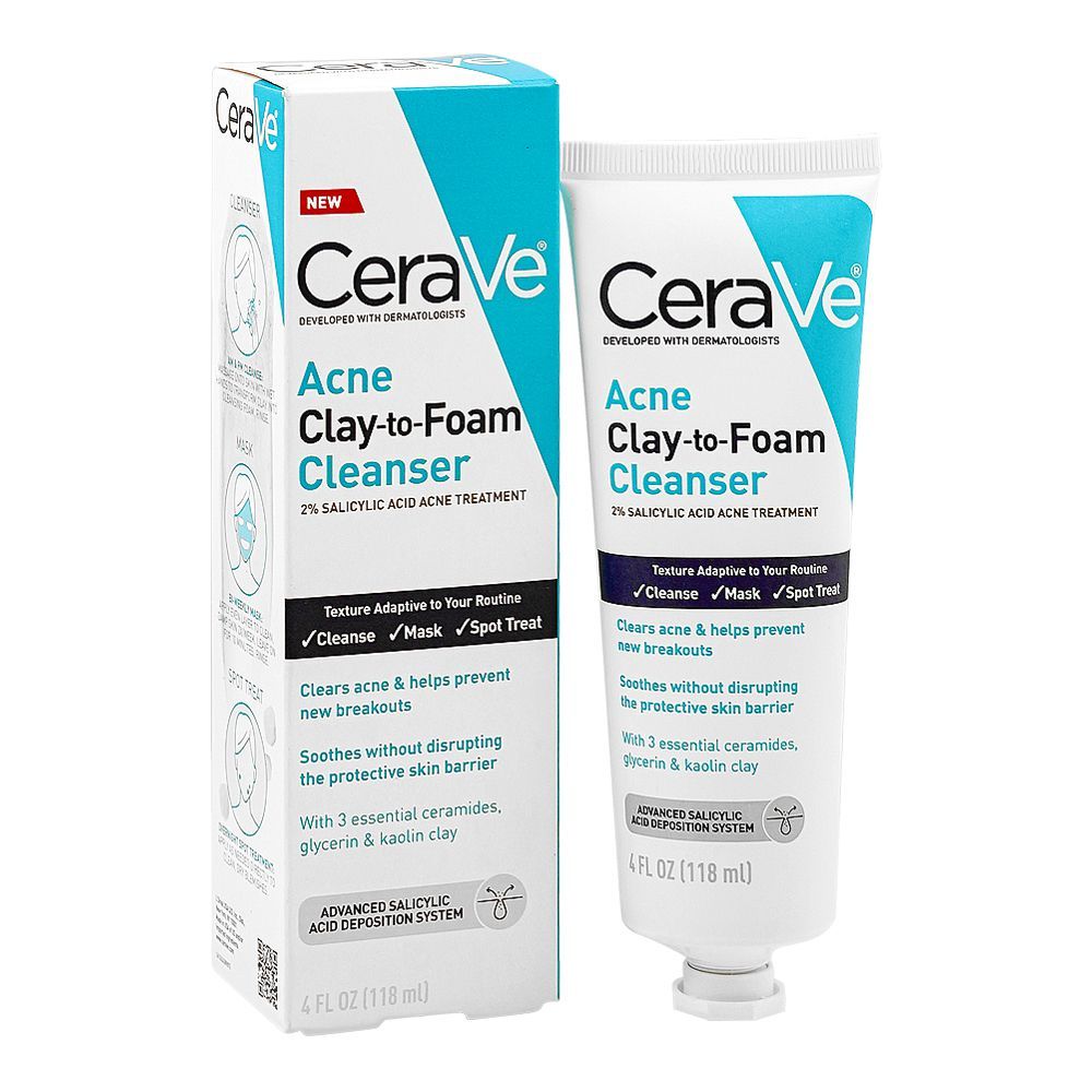 CeraVe Acne Clay-to-Foam Cleanser, Salicylic Acid, Glycerin, For Acne-Prone Skin, 118ml - Main Image