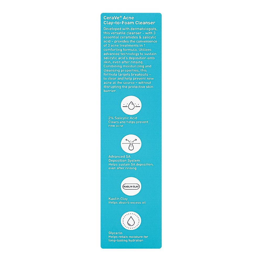 CeraVe Acne Clay-to-Foam Cleanser, Salicylic Acid, Glycerin, For Acne-Prone Skin, 118ml - Image 3