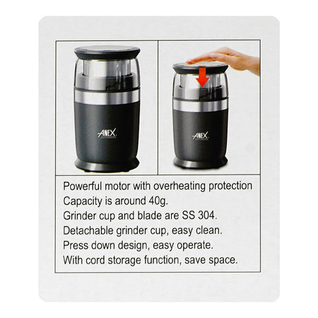 Anex Deluxe Grinder, 200W, 220-240V, 40g Capacity, AG-650 - Image 5