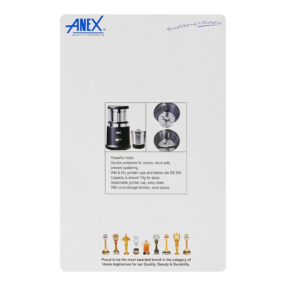 Anex Deluxe Wet & Dry Grinder, 250W, 220-240V, 70g Capacity, AG-649 - Image 5
