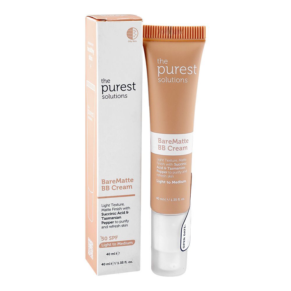 The Purest Solutions Succinic Acid & Tasmanian Pepper BareMatte BB Cream, SPF50+ Light To Medium, Succinic Acid, Glycerin, 40ml - Main Image