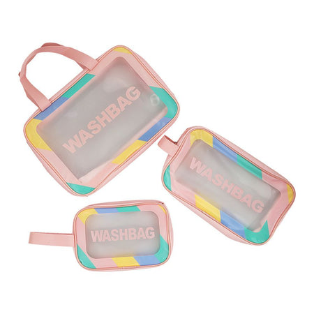 AJF PVC Waterproof Cosmetic Bag Rainbow Border Pink, Large, 3-Piece Set - Main Image