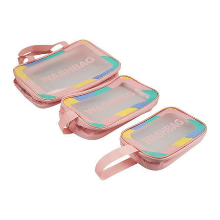 AJF PVC Waterproof Cosmetic Bag Rainbow Border Pink, Large, 3-Piece Set - Image 2