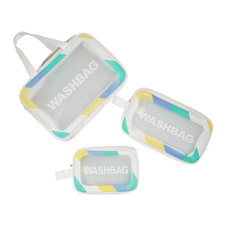 AJF PVC Waterproof Cosmetic Bag Rainbow Border White, Large, 3-Piece Set - Main Image
