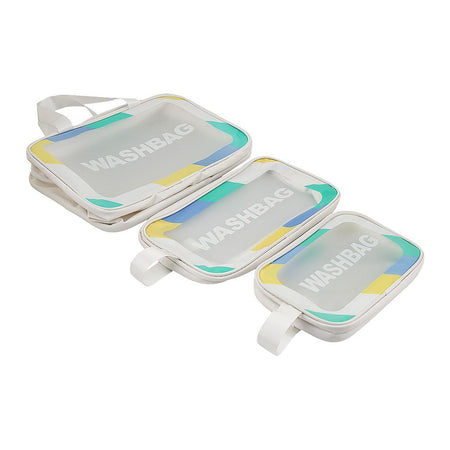AJF PVC Waterproof Cosmetic Bag Rainbow Border White, Large, 3-Piece Set - Image 2