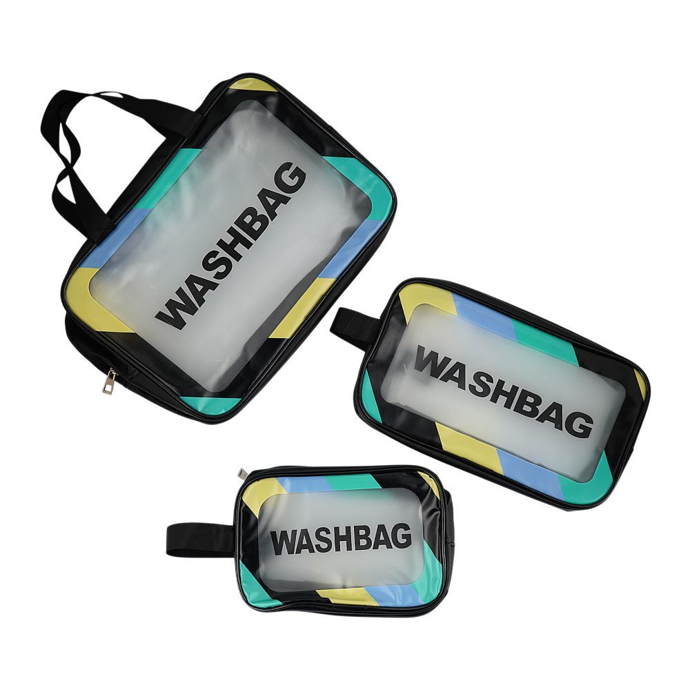 AJF PVC Waterproof Cosmetic Bag Rainbow Border Black, Large, 3-Piece Set - Main Image