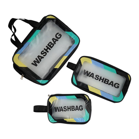 AJF PVC Waterproof Cosmetic Bag Rainbow Border Black, Large, 3-Piece Set - Main Image