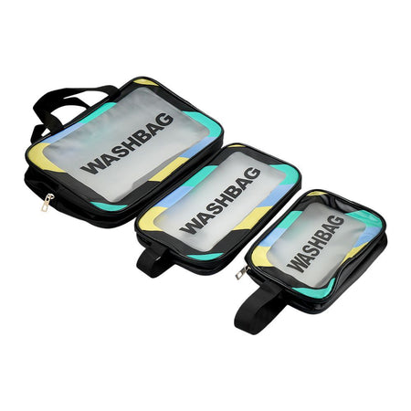 AJF PVC Waterproof Cosmetic Bag Rainbow Border Black, Large, 3-Piece Set - Image 2