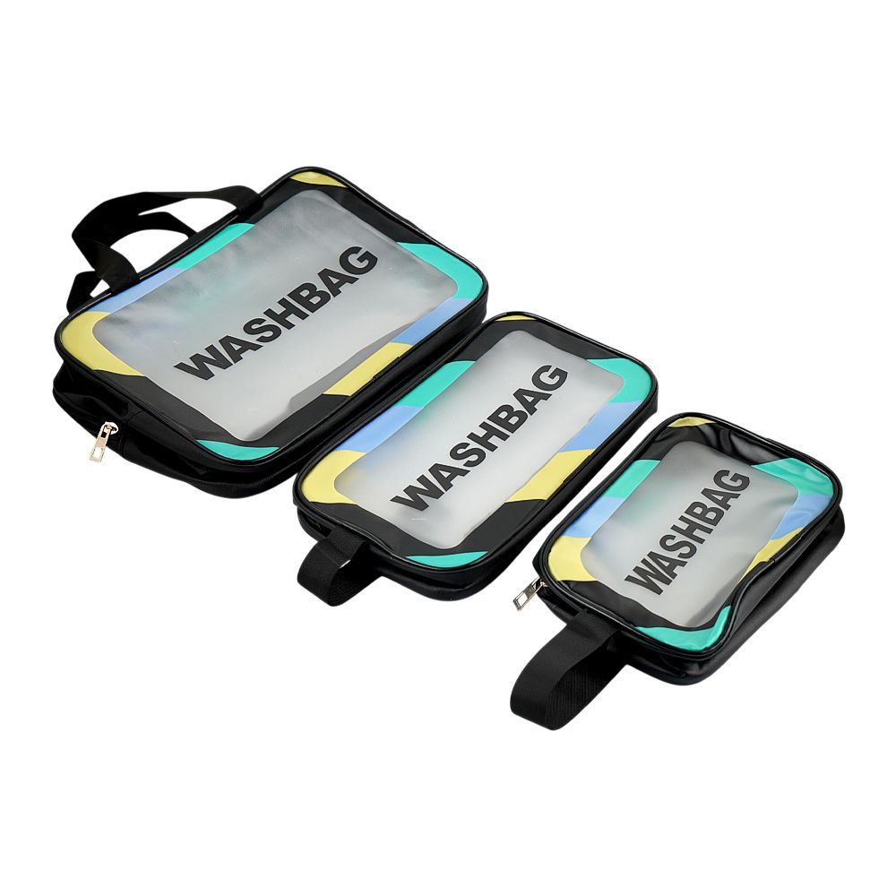 AJF PVC Waterproof Cosmetic Bag Rainbow Border Black, Large, 3-Piece Set - Image 2