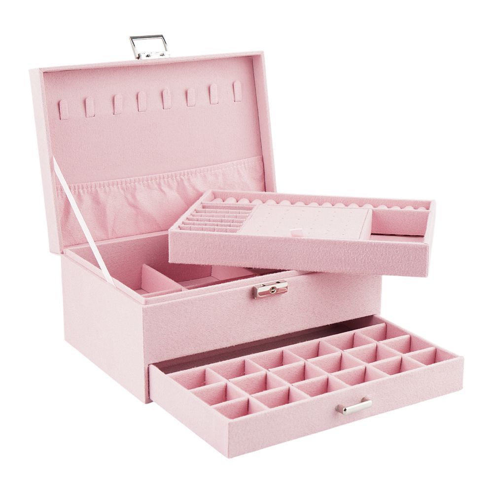 AJF Velvet 3 Layer Jewelry Organizer Case, Pink - Main Image