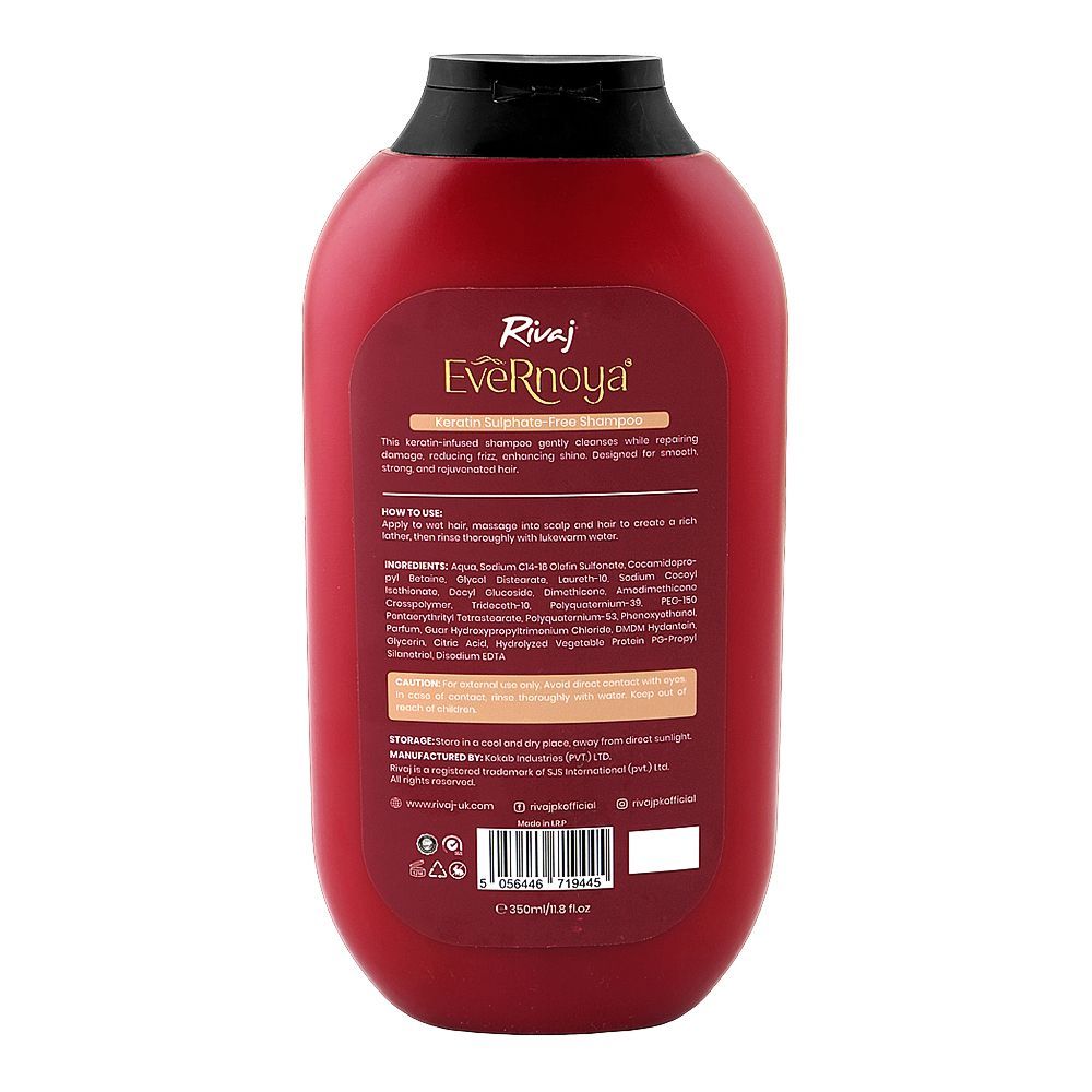 Rivaj UK EveRnoya Keratin Sulfate-Free Shampoo, Glycerin, Citric Acid, For Frizzy Hair, 350ml - Image 2