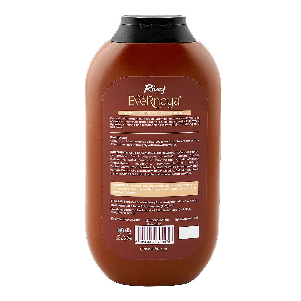 Rivaj UK EveRnoya Argan Oil Sulfate-Free Shampoo, Glycerin, Citric Acid, For Dry & Damaged Hair, 350ml - Image 2
