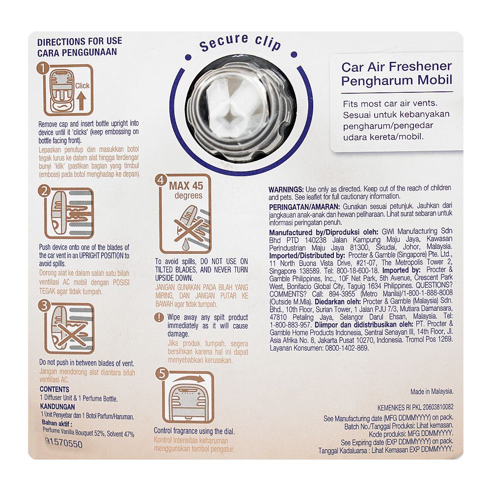 Ambi Pur Vanilla Bouquet Car Air Freshener, 7.5ml - Image 3