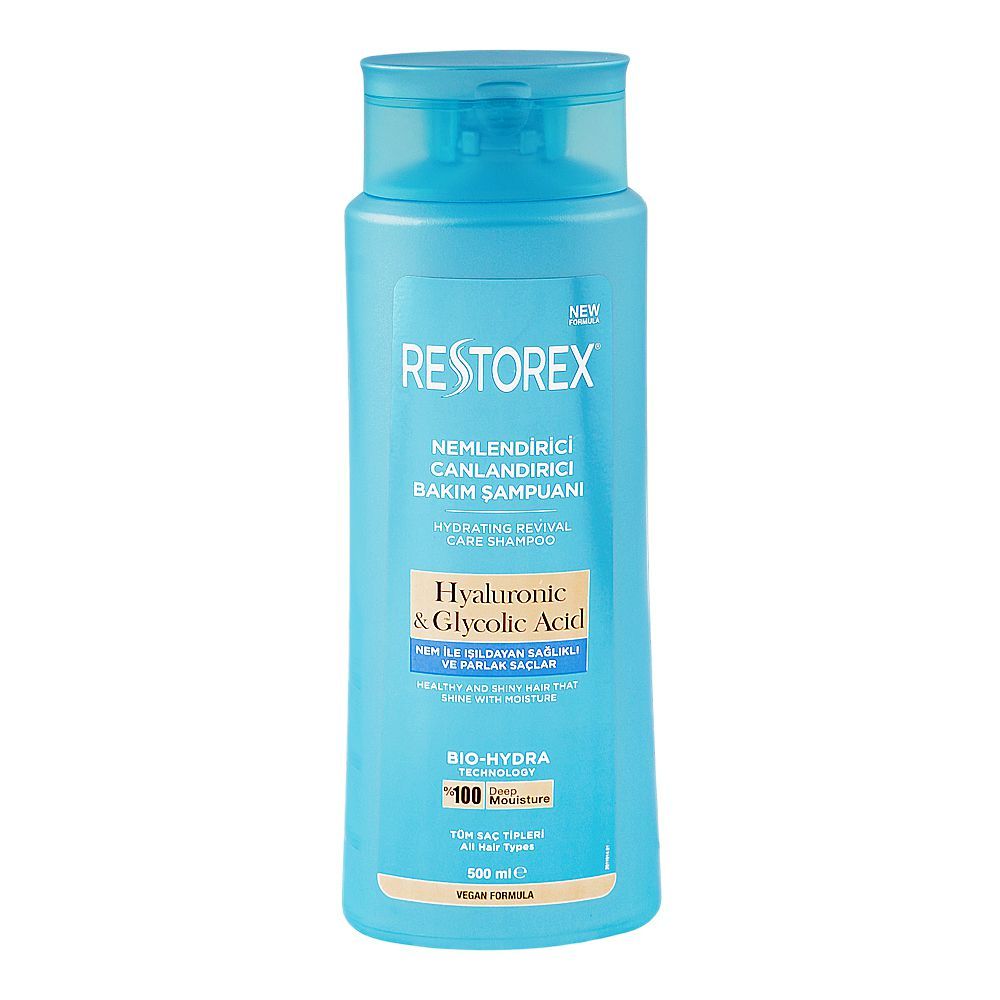 Restorex Hyaluronic & Glycolic Acid Hydrating Revival Care Shampoo, For All Types Of Hair, 500ml - Main Image