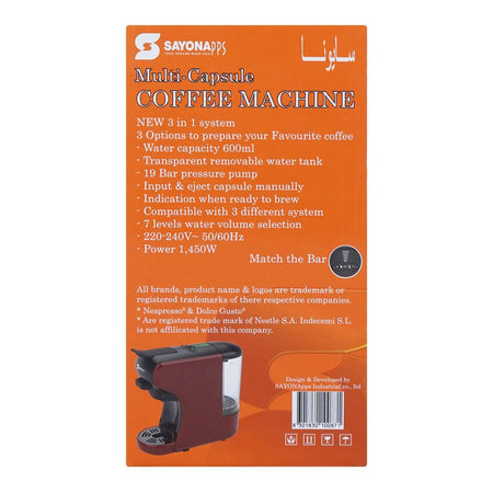 Sayona Multi-Capsule Hot & Cold Coffee Machine, 1450W, 220-240V, 600ml Water Tank, SEM-4585 - Image 3