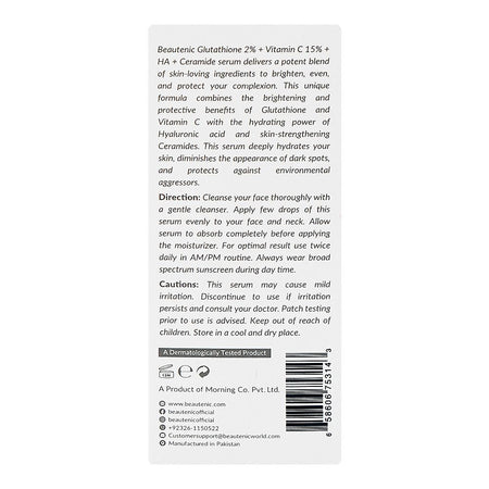 Beautenic Glutathione 2% + Vitamin C 15%+HA + Ceramide Serum, For Radiant Skin, 30ml - Image 3