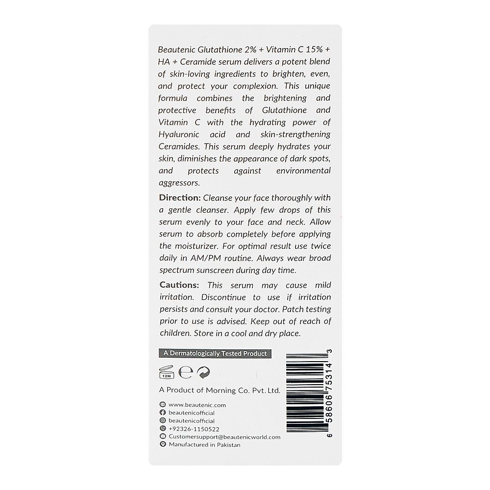 Beautenic Glutathione 2% + Vitamin C 15%+HA + Ceramide Serum, For Radiant Skin, 30ml - Image 3