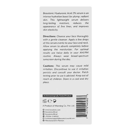 Beautenic Hyaluronic Acid 2% Serum, Gluten & Silicone Free, Hyaluronic Acid, For All Types Of Skin, 30ml - Image 3