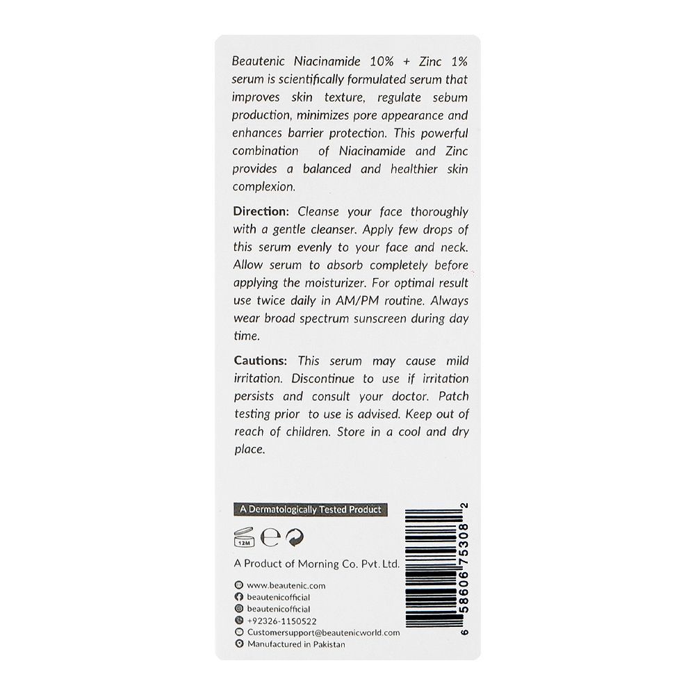 Beautenic Niacinamide 10% + Zinc 1% Serum, Alcohol, Silicone & Gluten Free, Niacinamide, Glycerin, For Radiant Skin, 30ml - Image 3