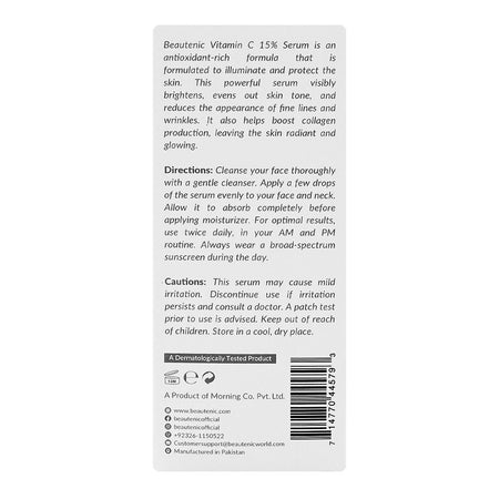 Beautenic Vitamin C 15% Serum, Silicone & Gluten Free, Ascorbic Acid, For Even Skin Tone, 30ml - Image 3