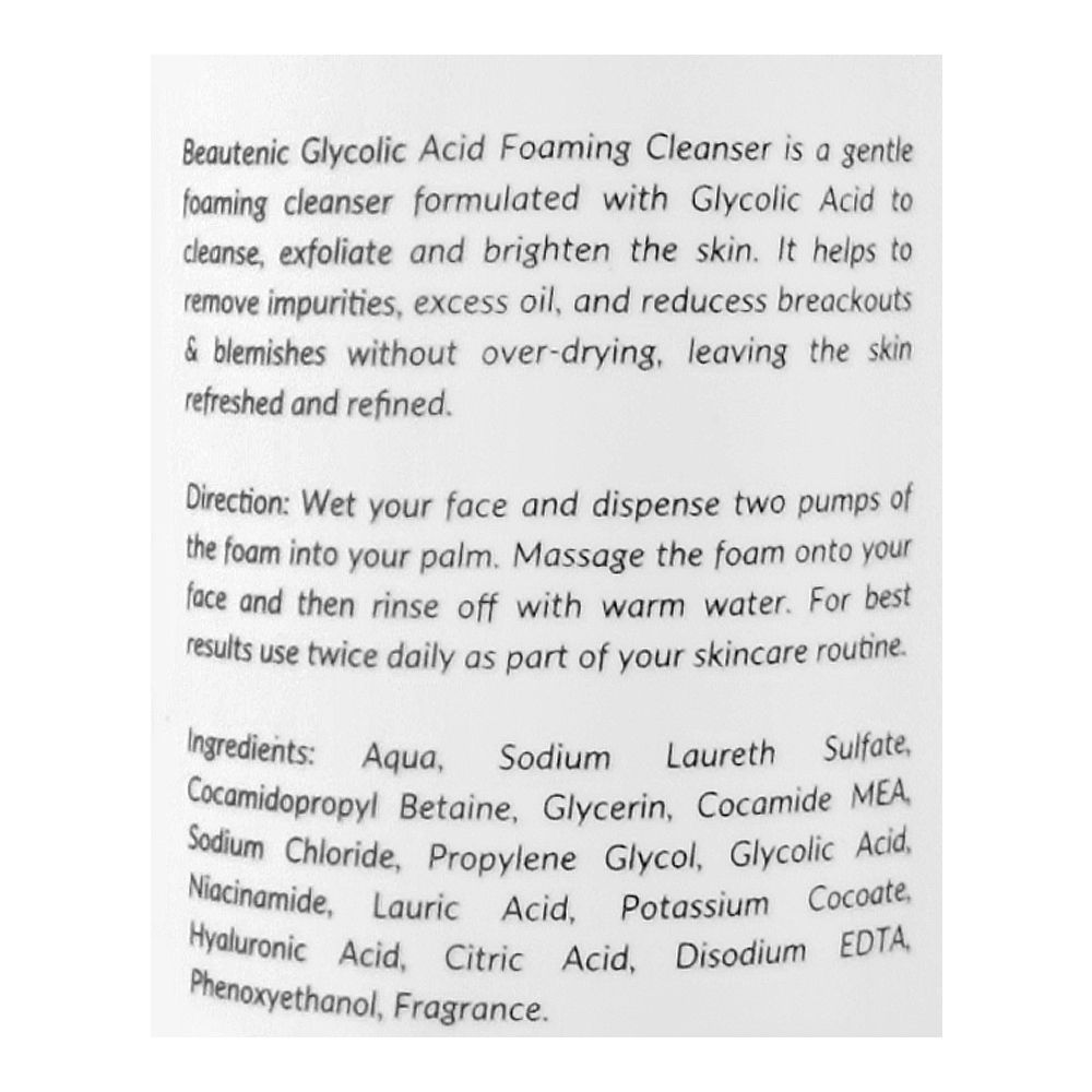 Beautenic Glycolic Acid Foaming Cleanser, Fragrance & Silicone Free, Niacinamide, Hyaluronic Acid, For Normal Skin, 150ml - Image 3