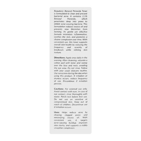 Beautenic Benzoyl Peroxide 2.5% Acne Treatment Toner, Niacinamide, Citric Acid, For Acne-Prone Skin, 100ml - Image 3