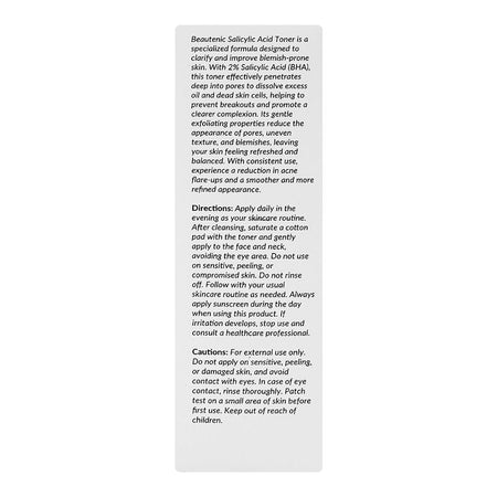 Beautenic Salicylic Acid 2% Clarifying Toner, Silicone & Gluten Free, Salicylic Acid, Citric Acid, 100ml - Image 3