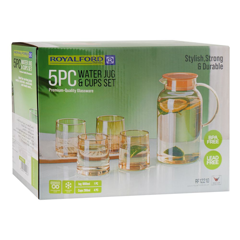 Royalford Water Jug & Glass Set, BPA & Lead Free, Grey, RF12210, 1800ml Jug, 260ml X 4 Cups, 5-Pack - Image 3