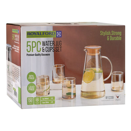 Royalford Water Jug & Glass Set, BPA & Lead Free, Golden, RF12209, 1800ml Jug, 260ml X 4 Cups, 5-Pack - Image 3