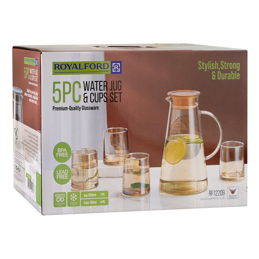 Royalford Water Jug & Glass Set, BPA & Lead Free, Golden, RF12209, 1800ml Jug, 260ml X 4 Cups, 5-Pack - Image 3
