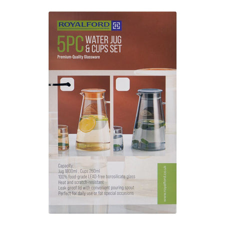 Royalford Water Jug & Glass Set, BPA & Lead Free, Golden, RF12209, 1800ml Jug, 260ml X 4 Cups, 5-Pack - Image 4
