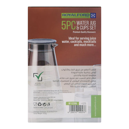 Royalford Water Jug & Glass Set, BPA & Lead Free, Golden, RF12209, 1800ml Jug, 260ml X 4 Cups, 5-Pack - Image 6