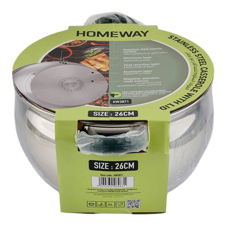 Homeway Stainless Steel Casserole With Lid, 26cm, HW3871 - Image 2