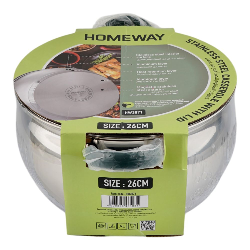 Homeway Stainless Steel Casserole With Lid, 26cm, HW3871 - Image 2