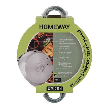 Homeway Stainless Steel Casserole With Lid, 26cm, HW3871 - Image 3