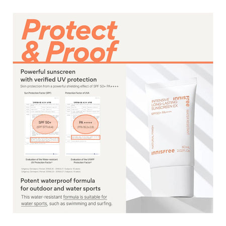 Innisfree Intensive Long-Lasting Sunscreen Ex, Vegan, Water Resistant, SPF50+ PA+++ 60ml - Image 3